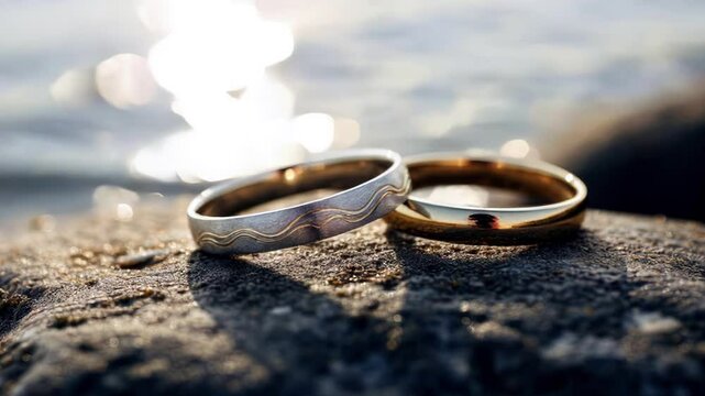Two wedding rings on a stone by the sea.