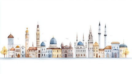 Obraz premium Watercolor Cityscape with Mosques and Minarets.