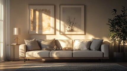 Hyperrealistic photo of a chic living room with sleek, modern furniture and soft-toned decor, bathed in natural light. The cozy ambiance is captured with high-end styling and ultra-detailed 32k
