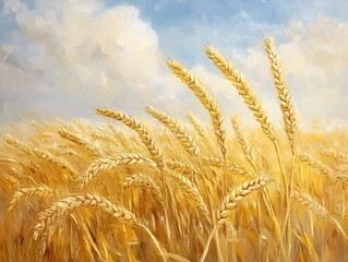 Fototapeta premium Golden wheat field under blue sky with sunlight above and faint sea of clouds with tall wheat ears creating a peaceful atmosphere
