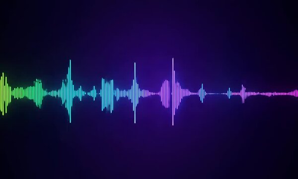 Colorful sound waves display vibrant peaks and valleys, illustrating audio frequencies in shades against a dark background