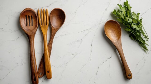 Spring kitchen essentials flat lay with wooden cooking utensils and fresh herbs on marble surface