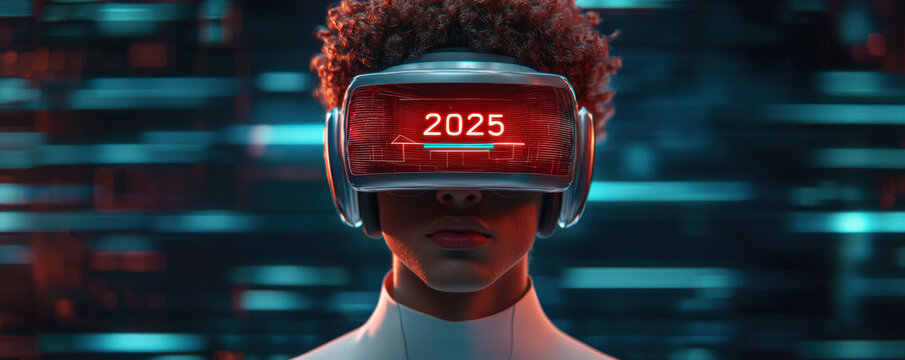 A person wearing futuristic VR goggles, with the year "2025" displayed, surrounded by a digital, holographic background.