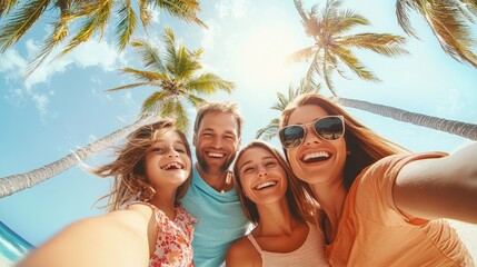 High-resolution photorealistic photograph of a family of four sharing a selfie moment on a sunny beach, with palm trees and clear skies in the background Styled like a high-end lifestyle magazine
