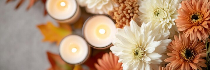 Toussaint celebration in french guiana: floral flat lay with candles and autumn leaves