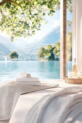 Relaxing Spa View with Towels and Mountains.