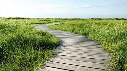 Fototapeta premium Wooden path through green meadow.