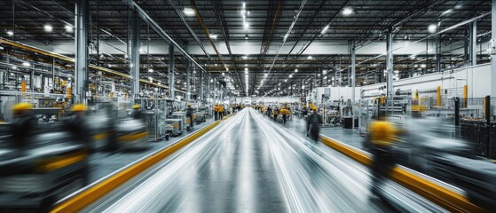 Fototapeta premium Very realistic and photographic photo of a sleek warehouse, filled with blurred workers and automation machinery The long exposure captures the swift movement and cutting-edge efficiency of the