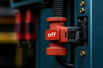 Close-up of a circuit breaker in the "off" position with  Power Cut  label, symbolizing safety, Circuit breaker in off position with safety label, Clear and symbolic