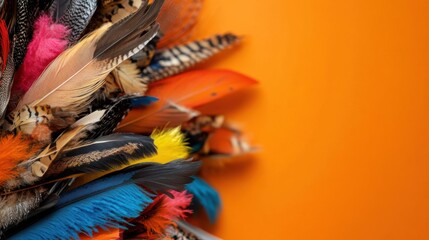 Vibrant feather arrangement on orange background for guyanese caribana festival design