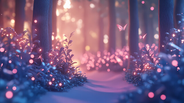 Design a 3d animation of a whimsical fairy woodland at twilight with bioluminescent plants and shimmering pixie dust in the air. Whimsical. Illustration