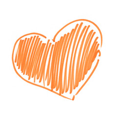 An orange minimalistic heart, hand-drawn with a felt-tip pen. Heart, love, hand-drawn marker. A heart isolated on a white background for design