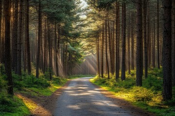 Obraz premium Sunlight filtering through pine trees onto a quiet forest road, tranquil and scenic