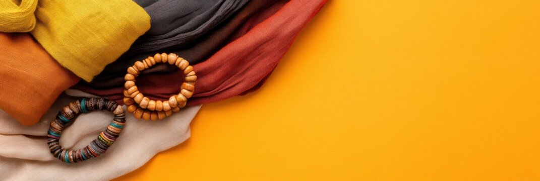 Vibrant flat lay of senegalese fabrics and accessories for tabaski eid al adha celebration