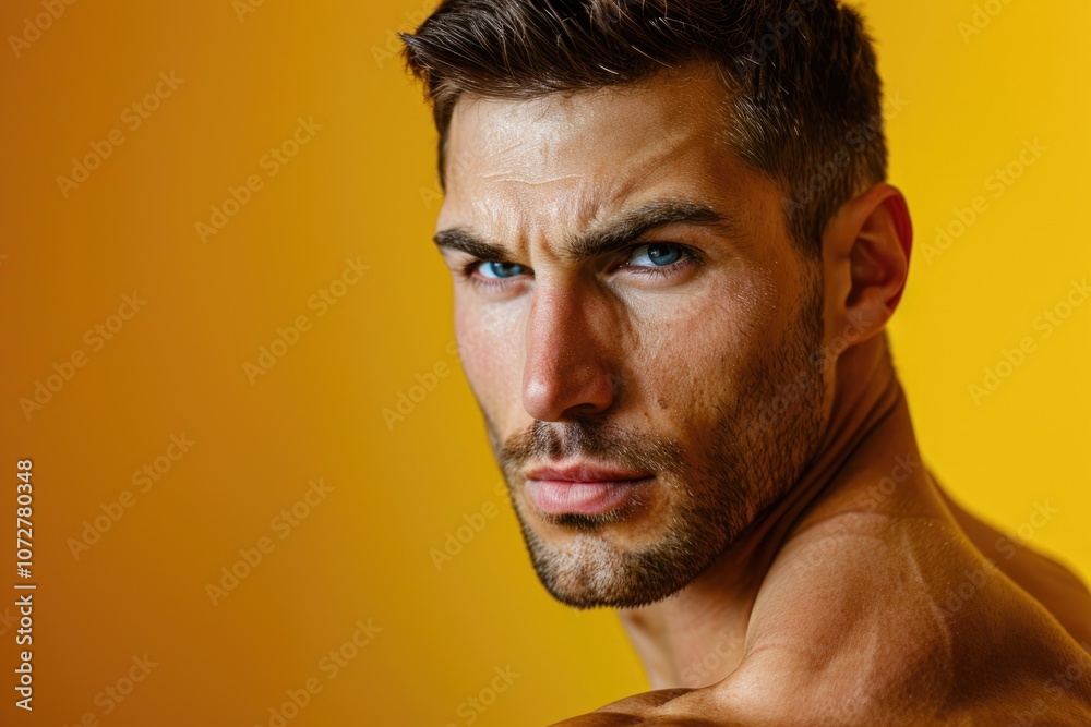 Wall mural muscular man with a sharp gaze and a calm demeanor, solid color background representing the integrat