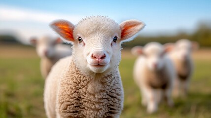 Obraz premium Cute Lamb on a Farm with Pastoral Landscape