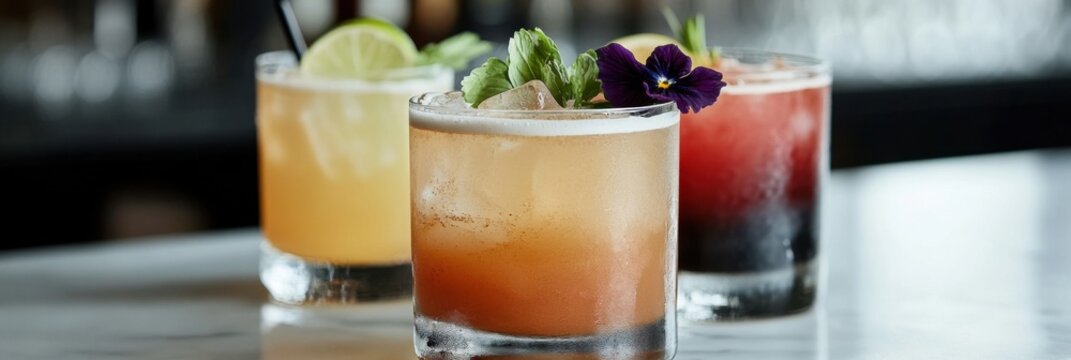 Vibrant spring cocktails flat lay with colorful glasses and fresh garnishes