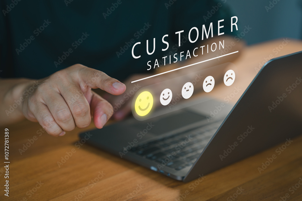 Poster Customer select a happy face icon from a feedback scale with five emoji options, Concept of customer satisfaction, review, and positive user experience, decision-making in an online feedback system.
