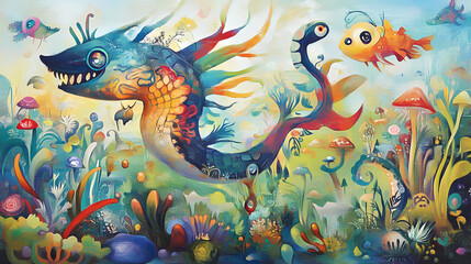 Obraz premium Fantasy creatures navigating a vibrant and whimsical landscape , mythical, creatures, imaginative, whimsical. Whimsical. Illustration