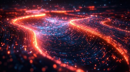 Abstract digital landscape with glowing lines and particles.