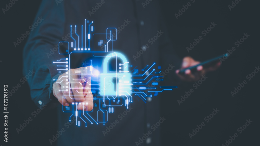 Poster Person uses a smartphone, interacting with a glowing digital lock icon symbolizing data security and privacy protection. Circuit design highlights the importance of cybersecurity in the digital age.
