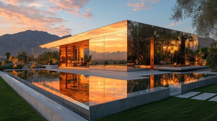 Fototapeta premium Modern Glass House with Pool and Mountain View
