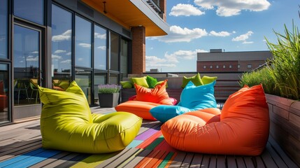 A chic rooftop deck that doubles as a hangout spot with a mix of inflatable chairs and bean bag loungers in bright primary colors.