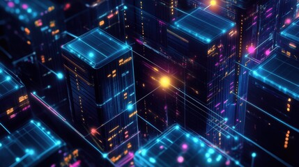 Futuristic digital cityscape with glowing elements and structures.