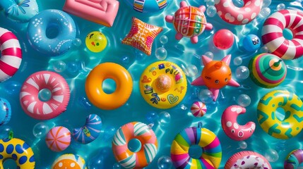 Fototapeta premium A shot from above of a pool filled with an array of fun and quirky inflatable pool toys with bright colors and fun patterns tered throughout creating a vibrant and energetic scene.