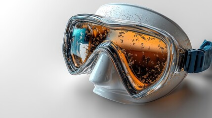 A close-up of a diving mask with tinted lenses and bubbles.