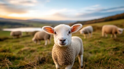 Obraz premium Cute Lamb on a Farm at Sunset