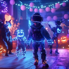 cute robot with sparkling lighting with a Halloween and pumpkin theme