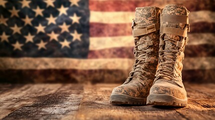 Camouflage Boots Resting on a Wooden Surface with an American Flag Background