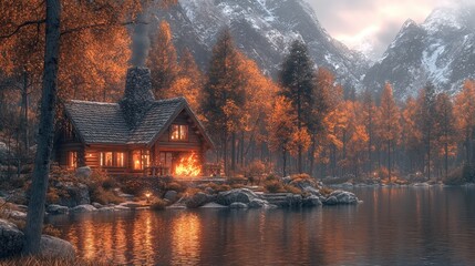Fototapeta premium Cozy cabin by a tranquil lake surrounded by autumn foliage.