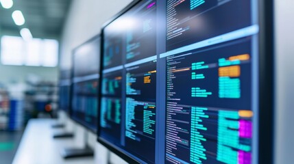 Close-up of multiple monitors displaying programming code in a modern tech workspace.