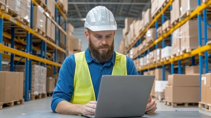 Male warehouse worker in a hard hat using a laptop in a storage facility with boxes.