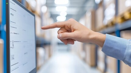 Person interacting with a digital screen in a warehouse environment, indicating technology in logistics.