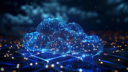 A glowing blue cloud symbol hovers over a network of glowing lines and points.