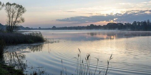 Obraz premium A tranquil lake or pond at dawn with minimal wind creates an ethereal atmosphere of rippling water and reflected light, lake, water, atmosphere, serenity, ripples