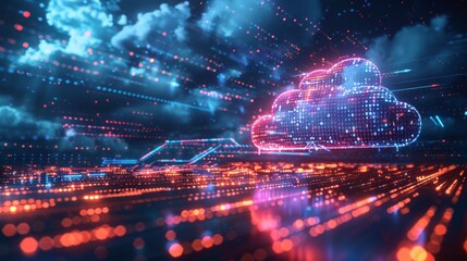 Obraz premium A glowing cloud computing icon shines above a futuristic cityscape at night.