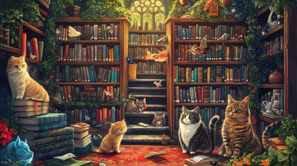 Naklejka premium The image is a whimsical illustration of a library filled with books, cats, and magical creatures. Whimsical. Illustration