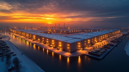 Obraz premium Aerial view of logistics warehouse center at night