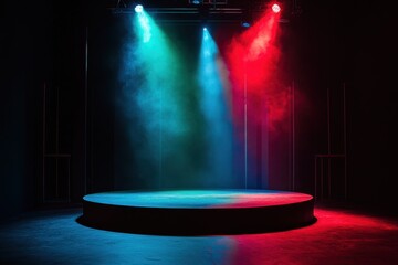 minimalist stage with one strong Neon Blue,Green,Red spotlight 