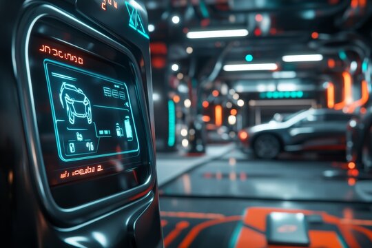 Close-up view of an electric vehicle charging station screen showing charge level and time in a high-tech interior environment
