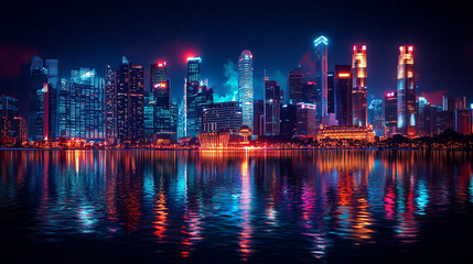 Fototapeta premium Neon Nightscape: Dazzling cityscape reflected in tranquil waters. Vibrant hues illuminate the modern architecture, creating a captivating nightscape. 