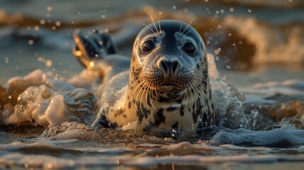 Obraz premium A grey seal pup swims through the water, looking directly at the camera. The water is sparkling and the sunset is visible in the background.