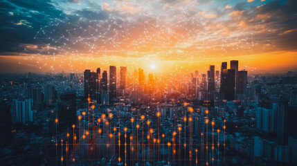 Fototapeta premium Smart digital Innovation Business skyscrapers in the Financial District with connection network reciprocity over the cityscape. of future smart wireless digital city and social media networking