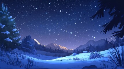 A Snowy Mountain Landscape Under a Starry Night Sky