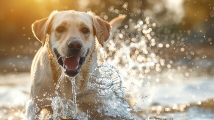 A happy golden labrador retriever runs through the water, creating splashes and enjoying the sun.