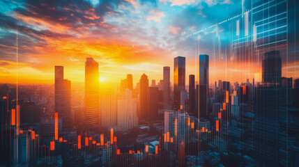 Smart digital Innovation Business skyscrapers in the Financial District with connection network reciprocity over the cityscape. of future smart wireless digital city and social media networking